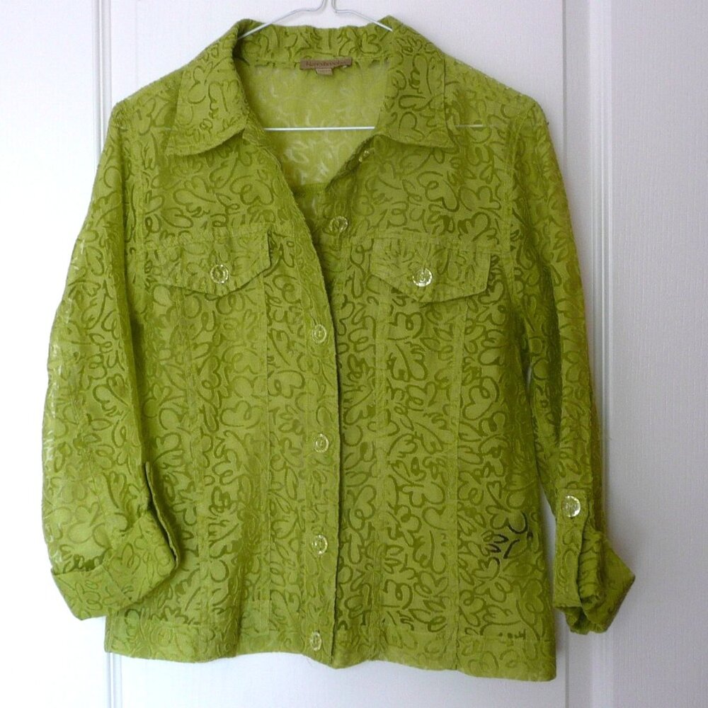 Kerry Brooke Womens Green Sheer Blouse Top Button Down Shirt Size Petite M